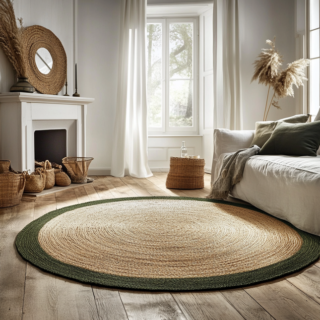 Rond jute vloerkleed naturel/Groen met rand