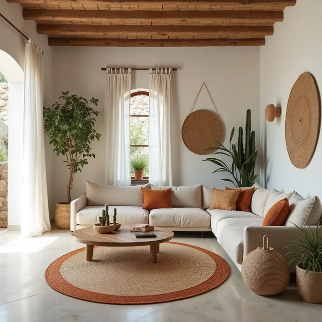 Rond jute vloerkleed naturel/roest/bruin met rand