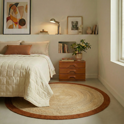 Rond jute vloerkleed naturel/roest/bruin met rand