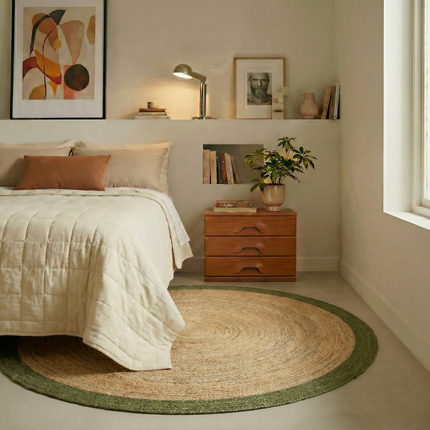 Rond jute vloerkleed naturel/Groen met rand