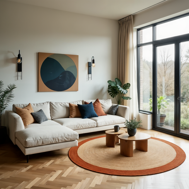 Rond jute vloerkleed naturel/roest/bruin met rand