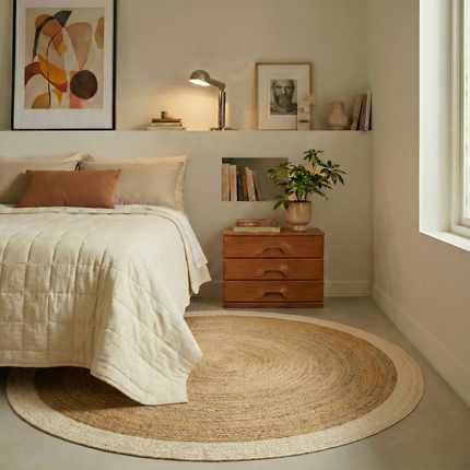 Rond jute vloerkleed naturel/wit met rand
