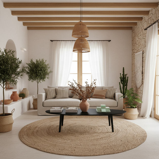Rond wollen vloerkleed labyrint Bruin mix