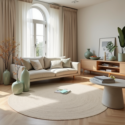 Rond wollen vloerkleed labyrint beige/ivoor gemeleerd